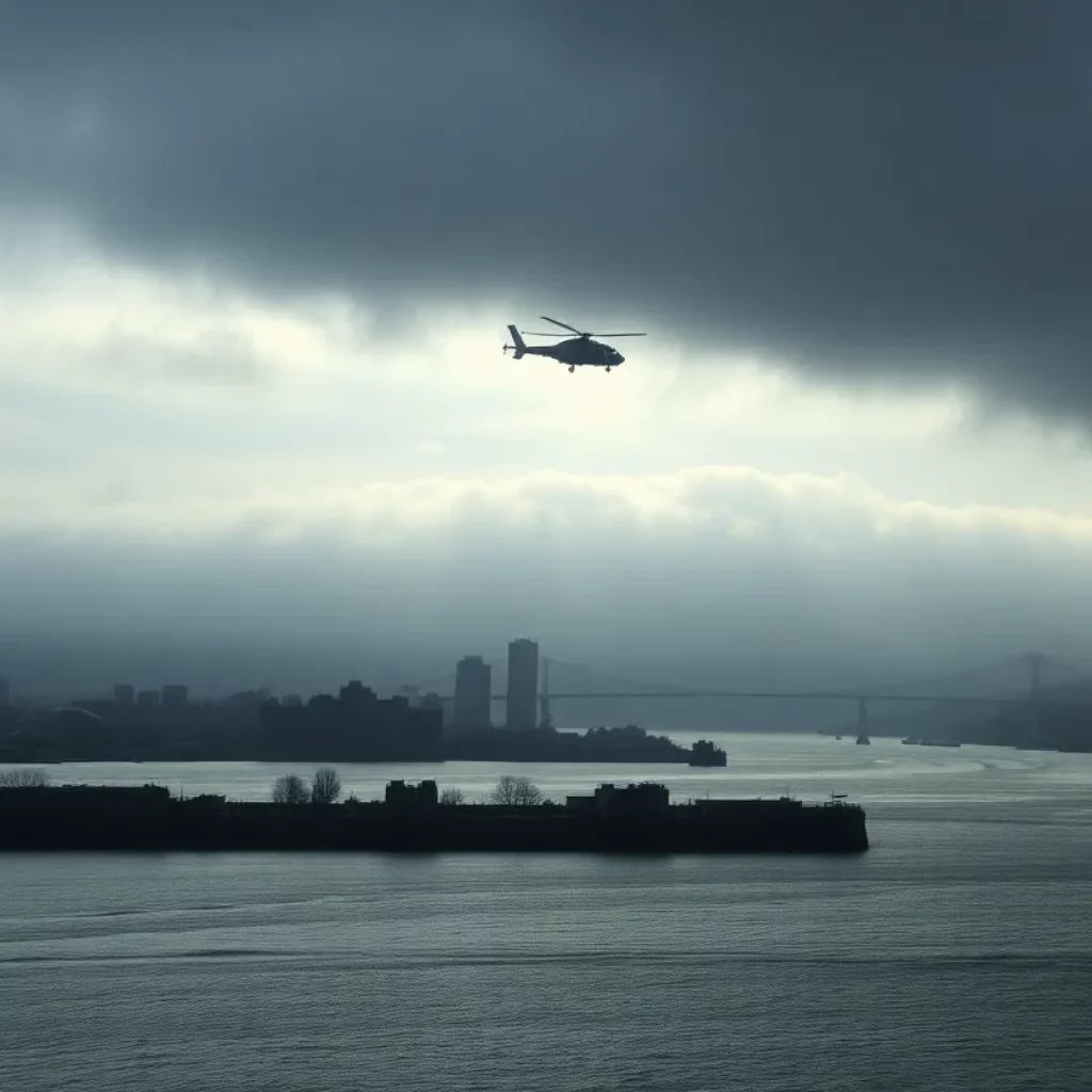 A helicopter silhouette over the Hudson River representing a tragic accident.