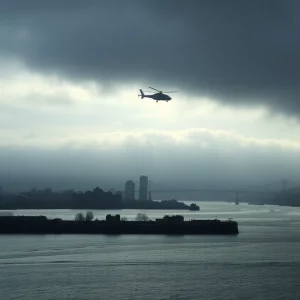 A helicopter silhouette over the Hudson River representing a tragic accident.