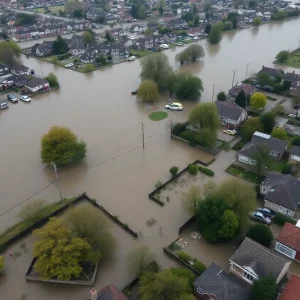 Aerial view of flooded areas with emergency services responding