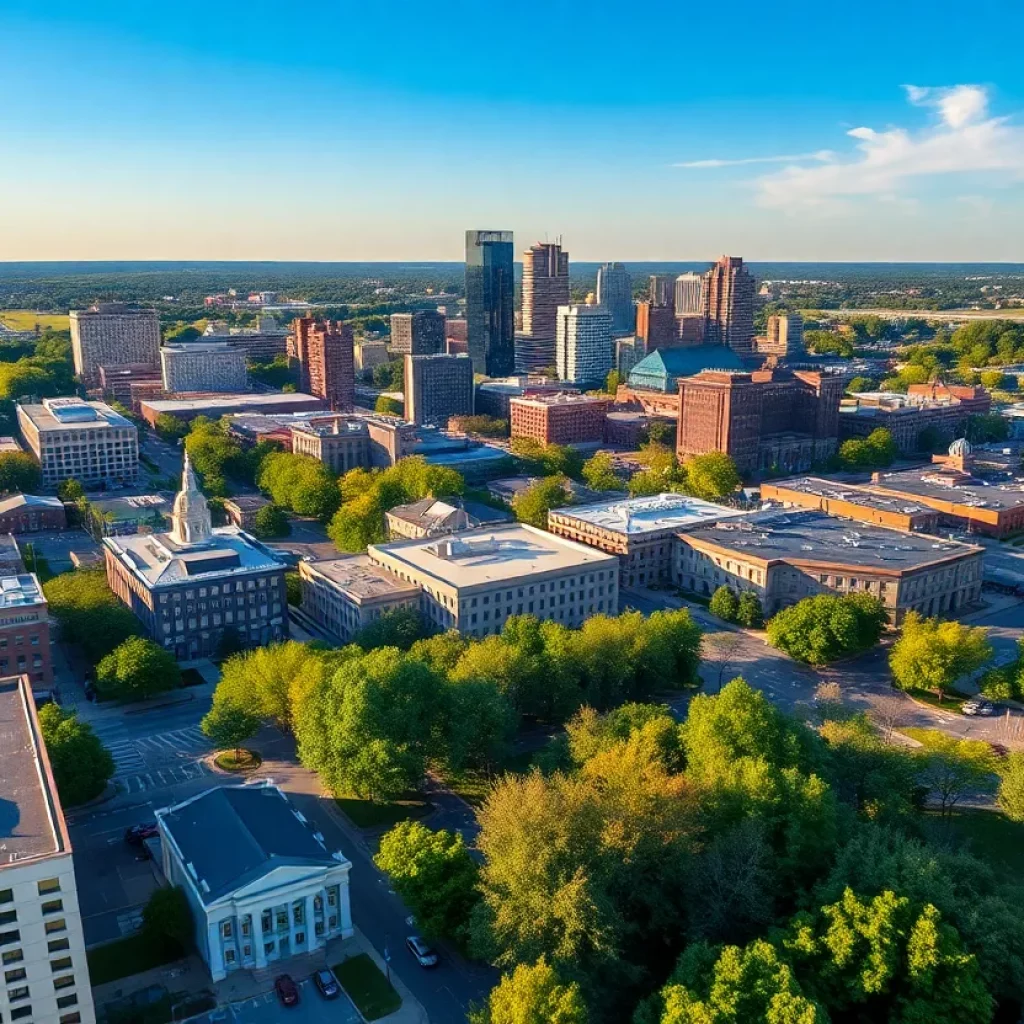 Cityscape of Huntsville, Alabama with Redstone Arsenal in the background