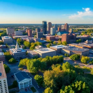 Cityscape of Huntsville, Alabama with Redstone Arsenal in the background