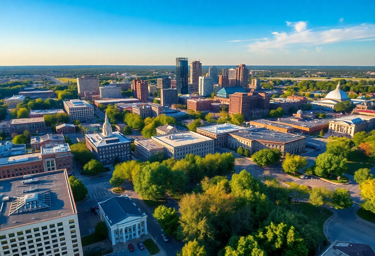 Cityscape of Huntsville, Alabama with Redstone Arsenal in the background