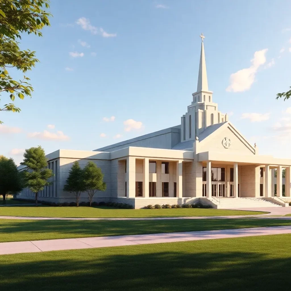 Rendering of the Huntsville Alabama Temple showing modern architecture in a natural landscape.