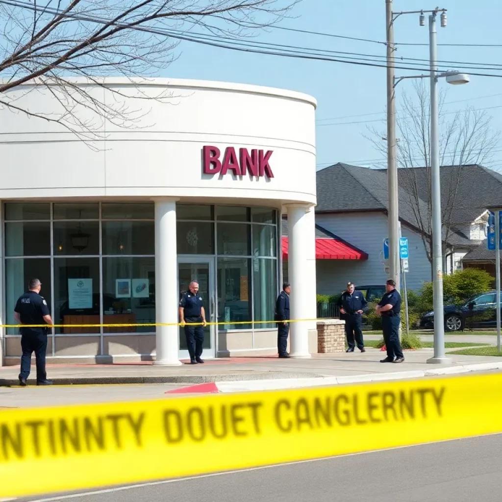Police activity at a bank following a burglary in Huntsville, Alabama.