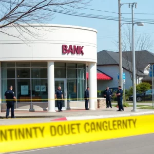 Police activity at a bank following a burglary in Huntsville, Alabama.