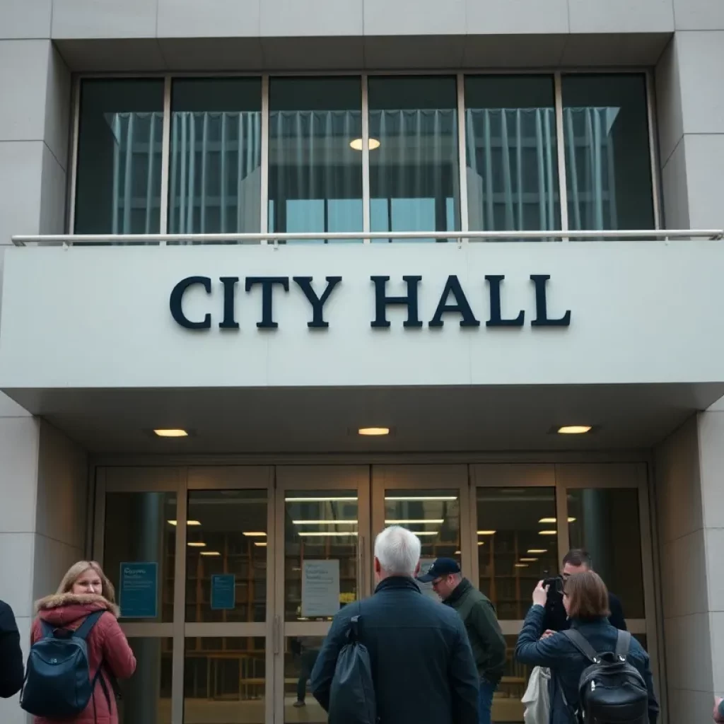 Huntsville City Hall with informational signage