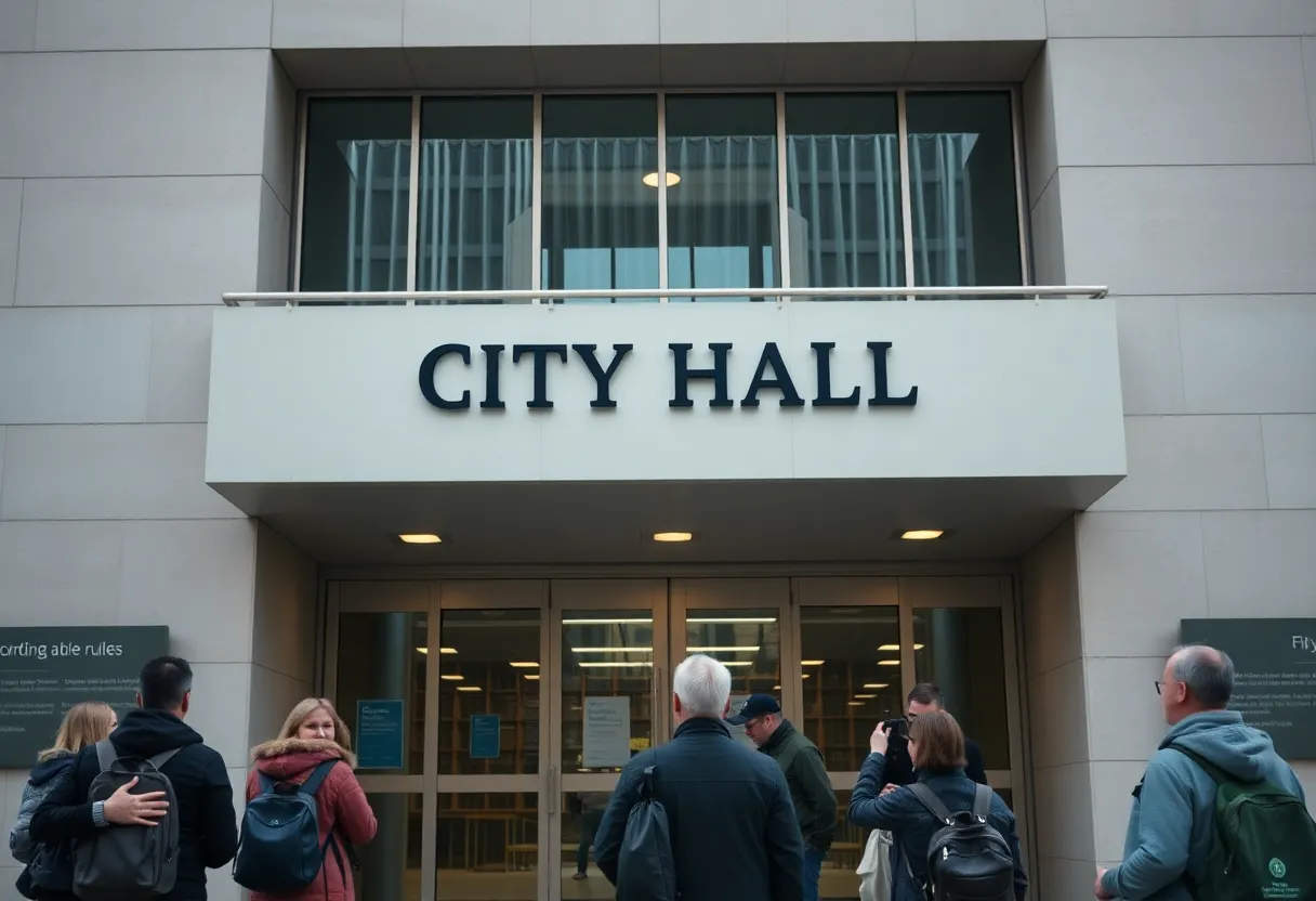 Huntsville City Hall with informational signage