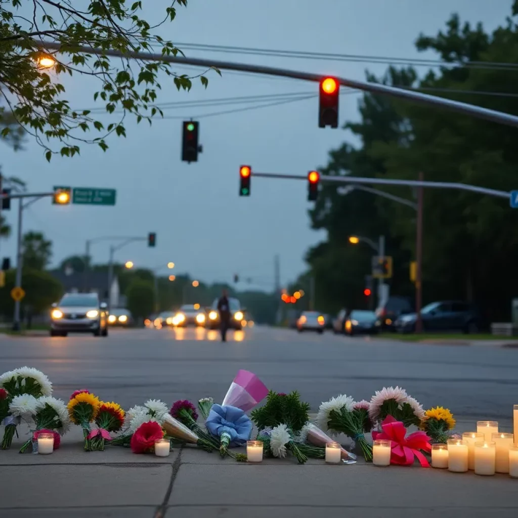 Memorial at a traffic intersection in Huntsville for a collision victim