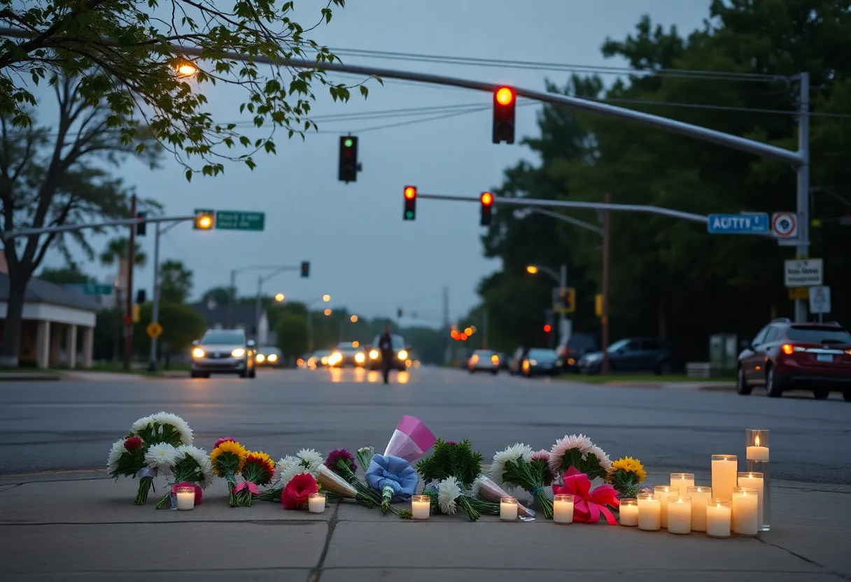Memorial at a traffic intersection in Huntsville for a collision victim