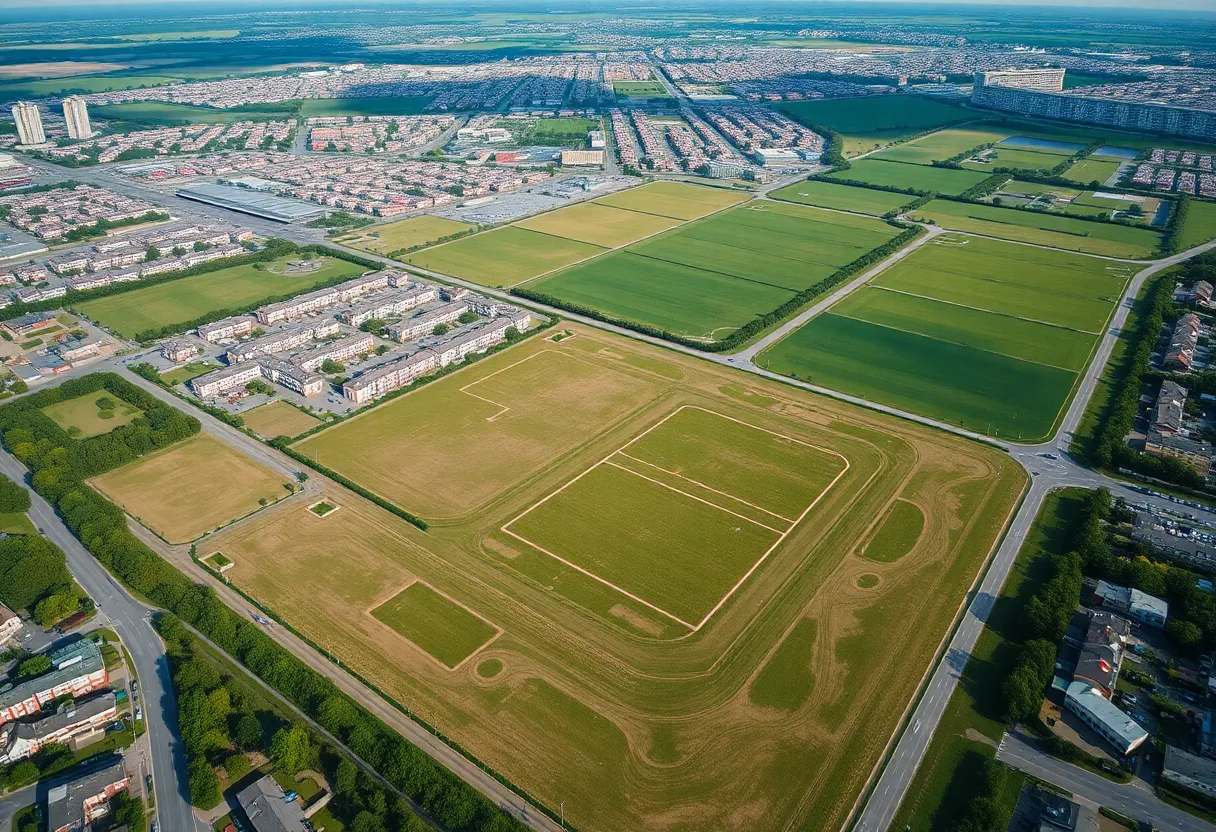 Aerial view of Huntsville development area with green land and urban designs