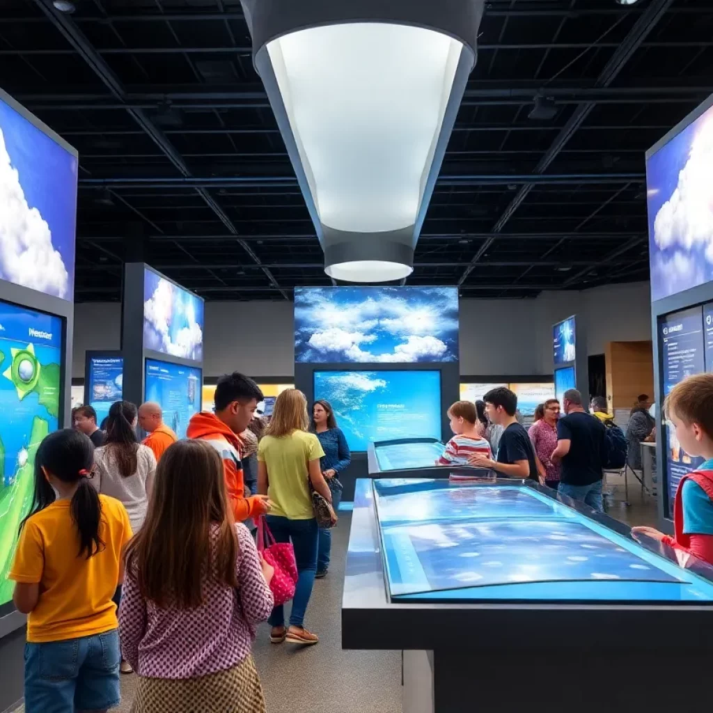 Families enjoying the interactive weather exhibit at the U.S. Space & Rocket Center in Huntsville.
