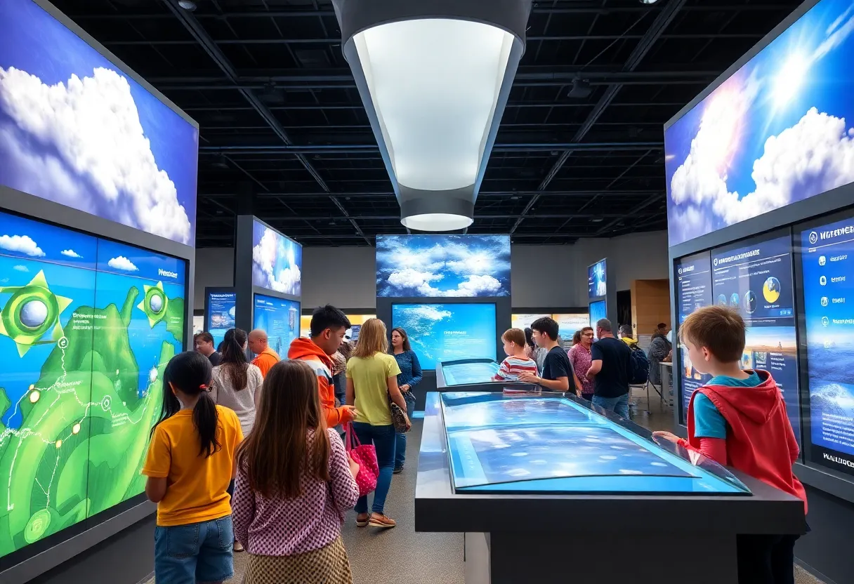 Families enjoying the interactive weather exhibit at the U.S. Space & Rocket Center in Huntsville.