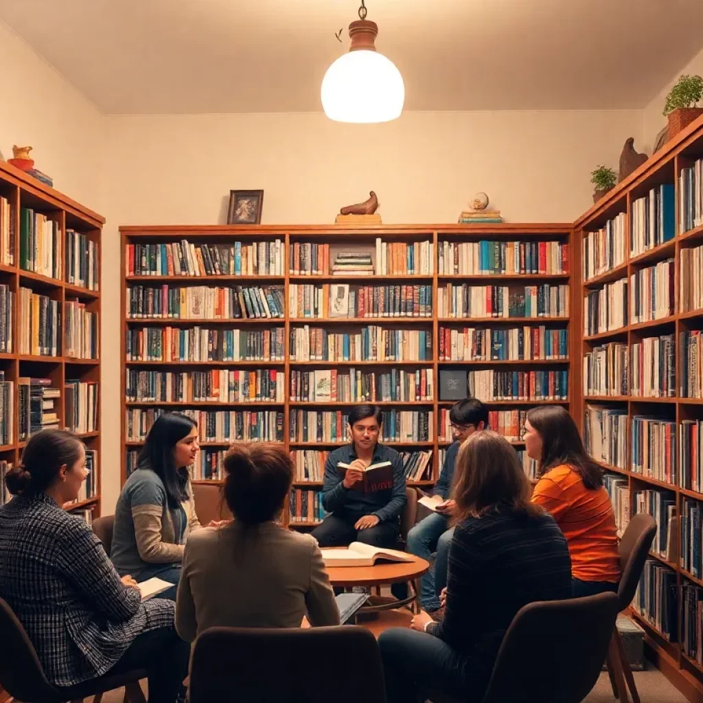 Community members engaging in a literary event at the Huntsville library.