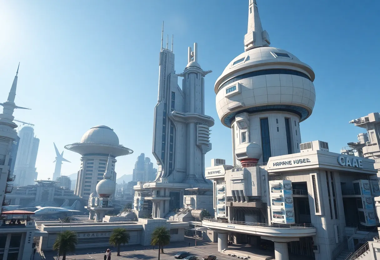 Futuristic cityscape representing the U.S. Space Command's potential headquarters in Huntsville.