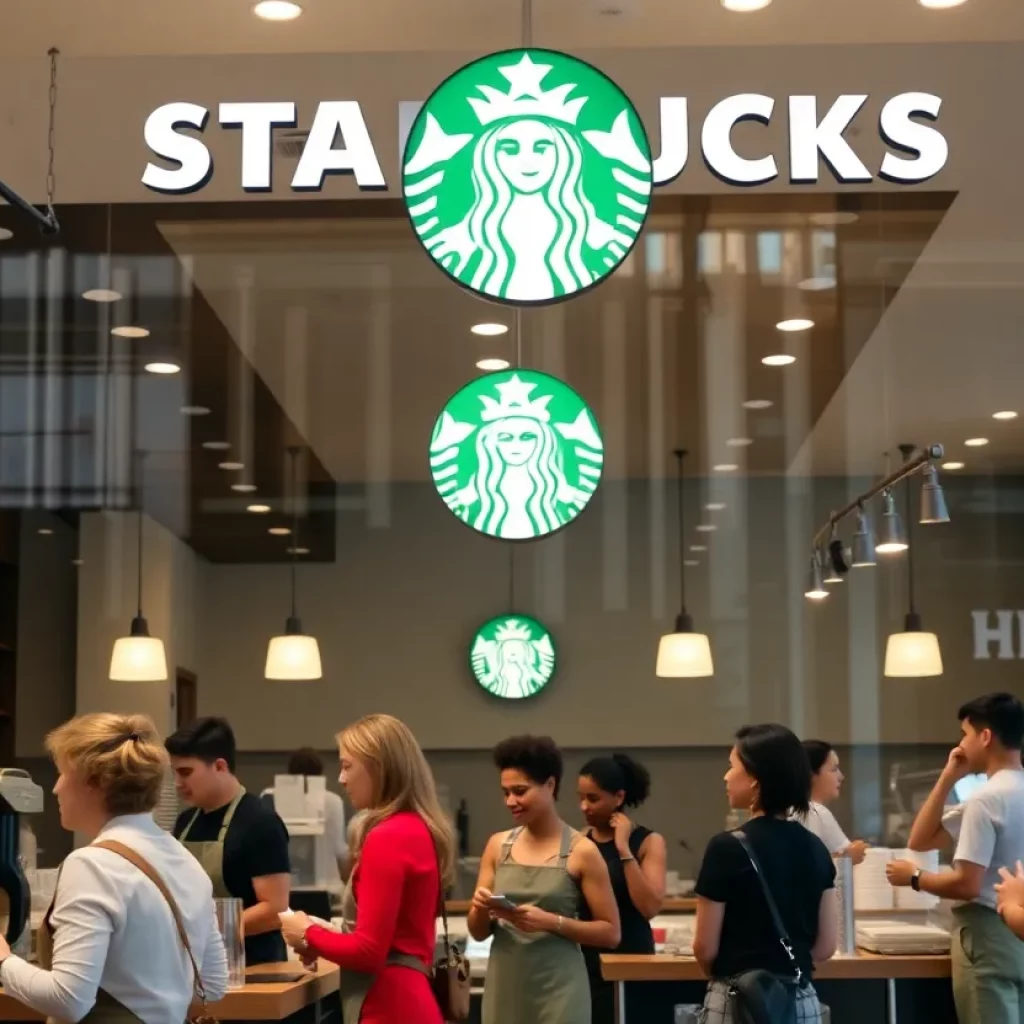 Baristas working at a Huntsville Starbucks café