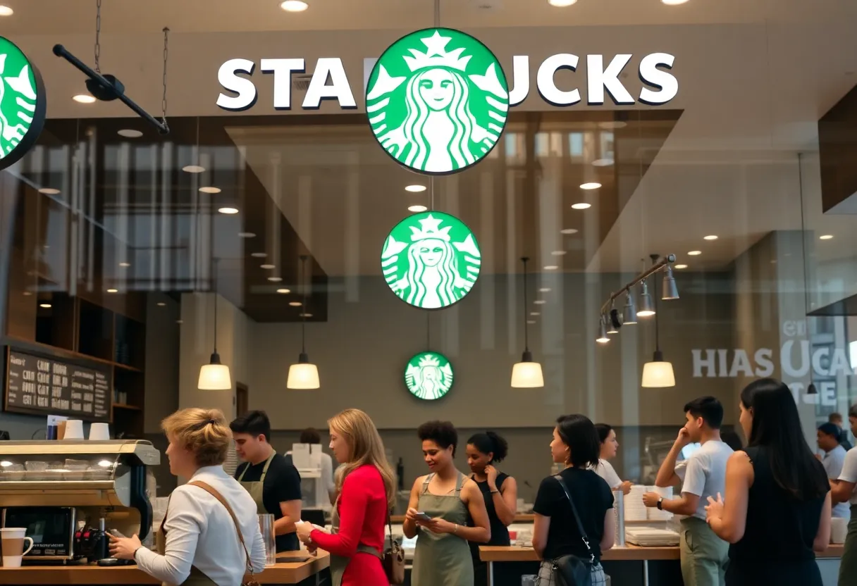Baristas working at a Huntsville Starbucks café