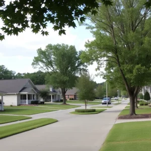 A peaceful neighborhood in Huntsville with single-family homes and greenery.
