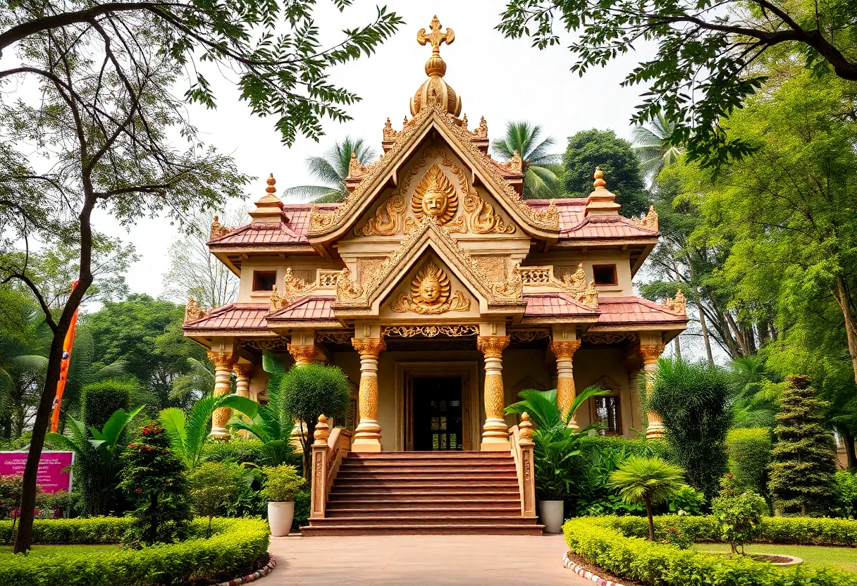 Architectural rendering of the Huntsville temple surrounded by greenery