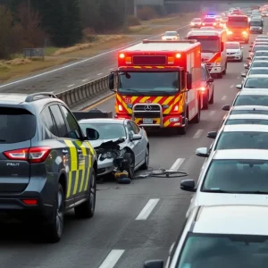 Two vehicle accident scene in Huntsville with emergency services and traffic