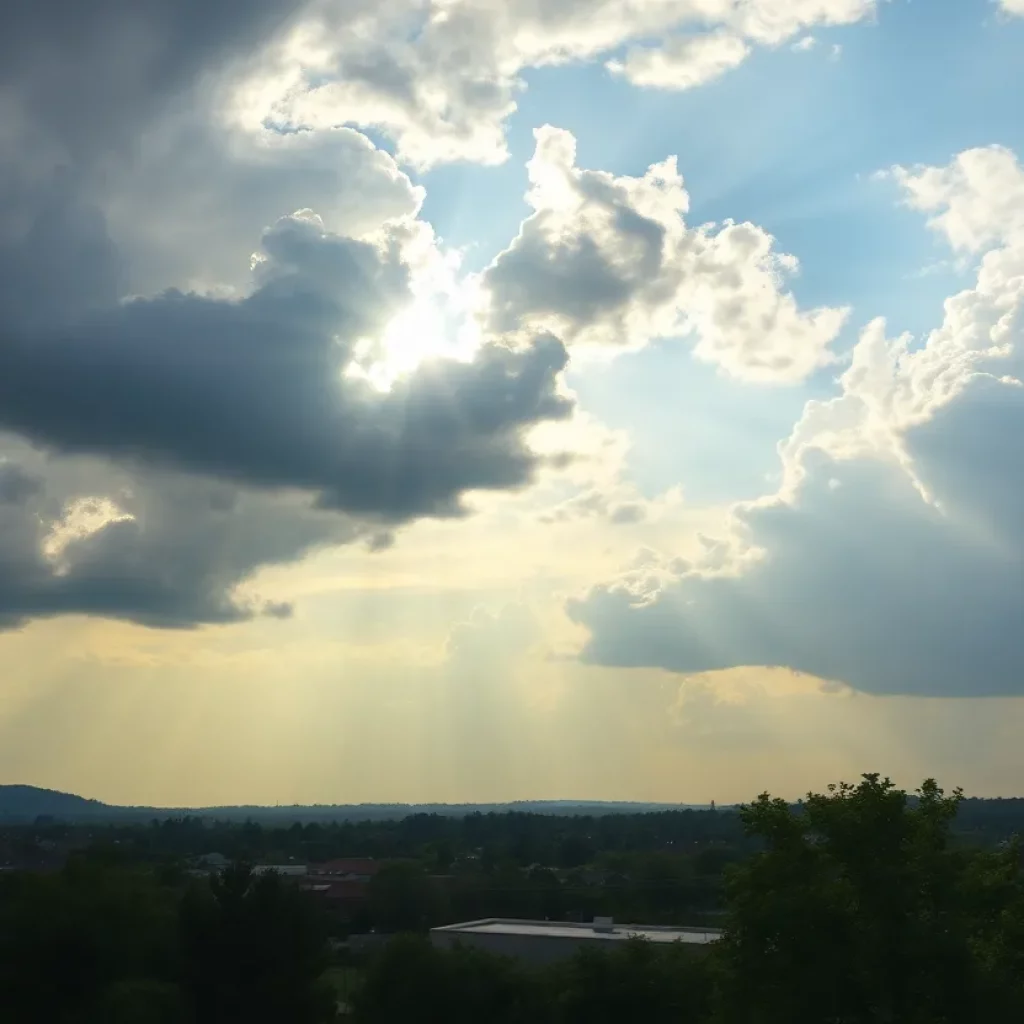 Mixed weather in Huntsville, Alabama with clouds, sun, and rain.