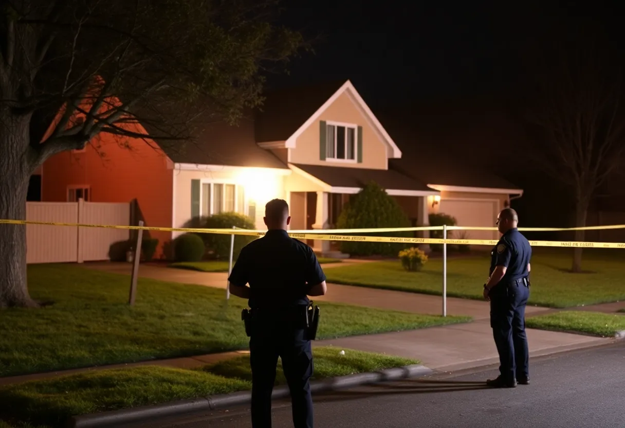 Police investigation scene in Huntsville, Alabama at night.