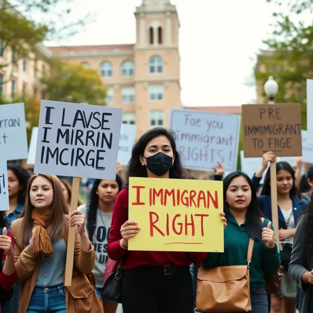 Students protesting for immigrant rights on a university campus.