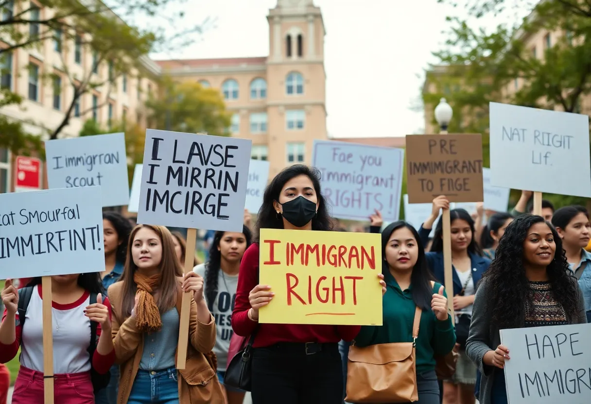Students protesting for immigrant rights on a university campus.