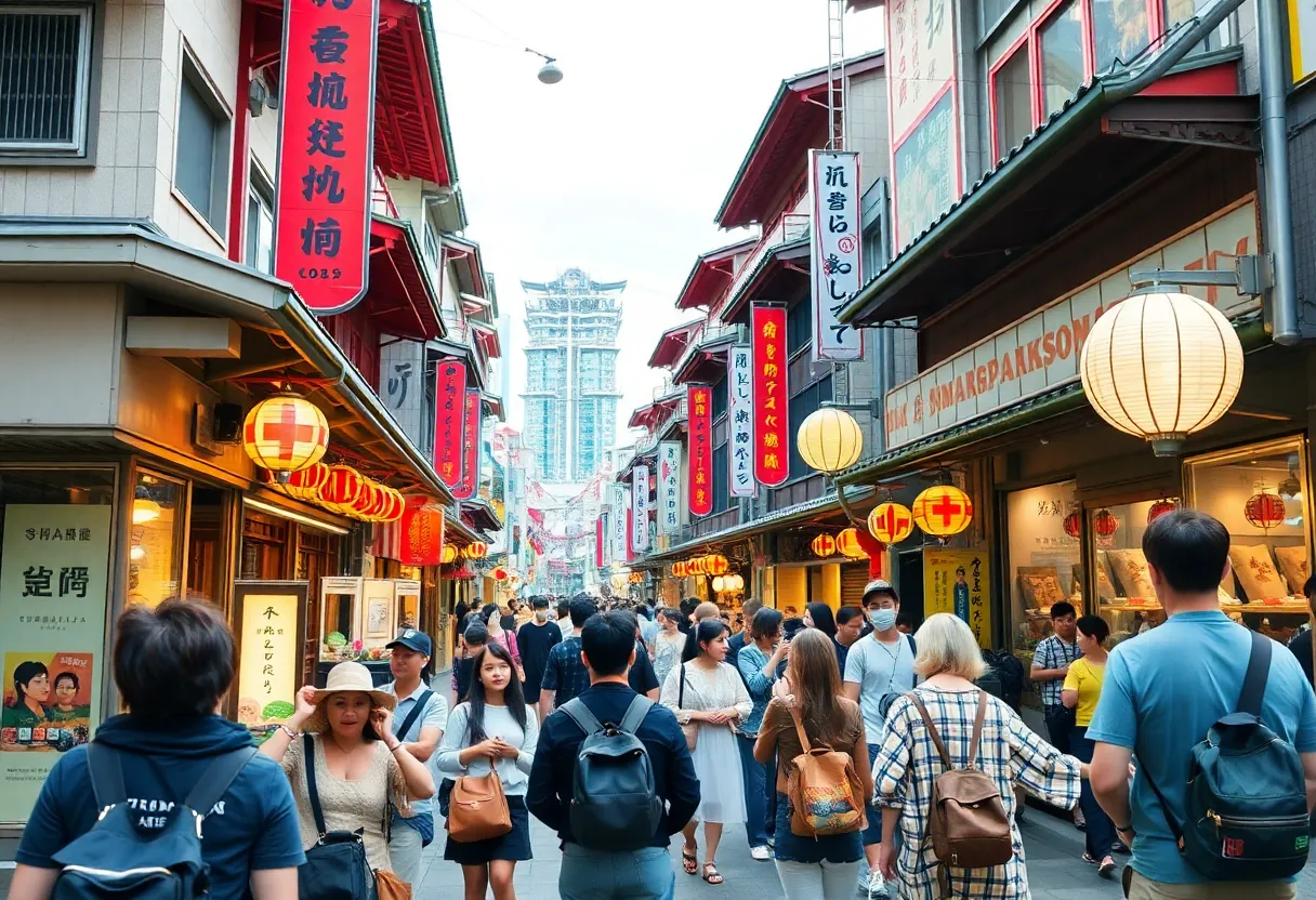 Crowd of tourists enjoying a street in Japan