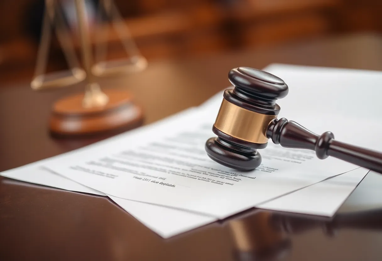 Judge's gavel on legal documents in a courtroom