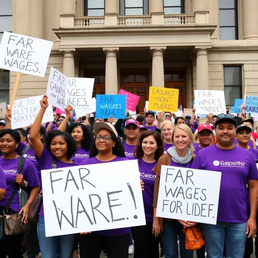 Rally of L.A. County workers in purple shirts demanding fair wages.
