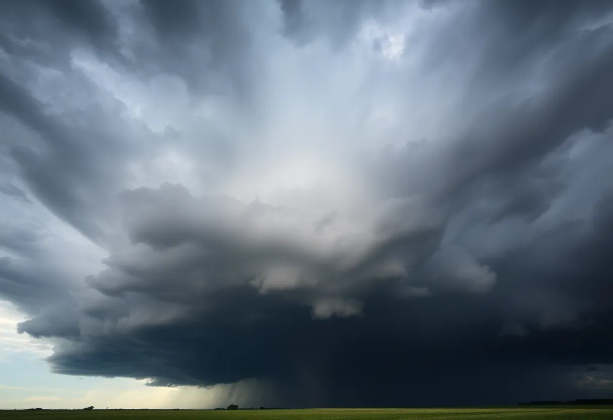 A tornado forming in Lauderdale County with dark clouds overhead.