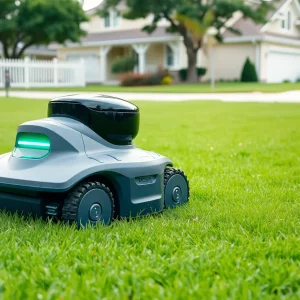 A lawn care robot mowing a residential lawn