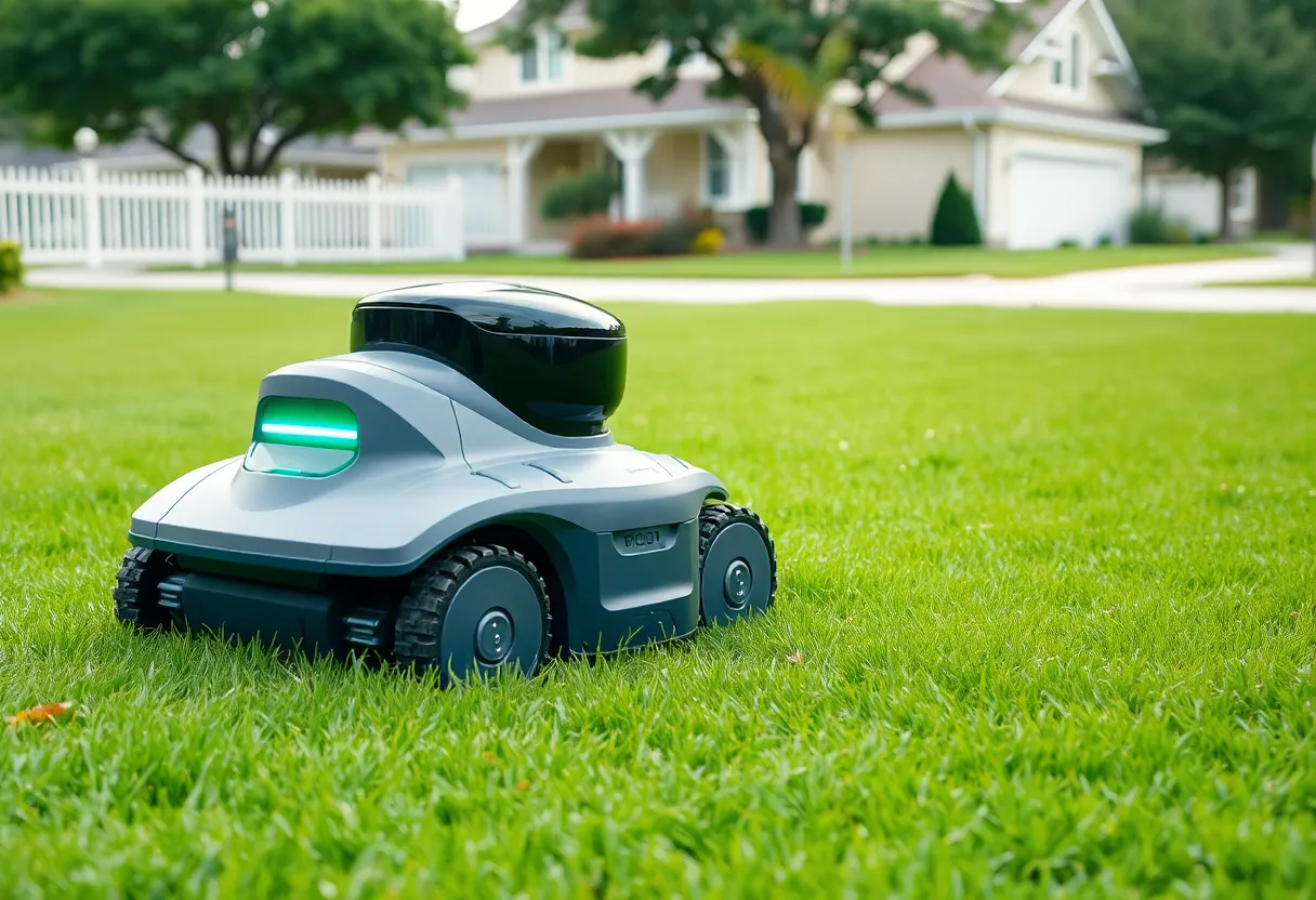 A lawn care robot mowing a residential lawn