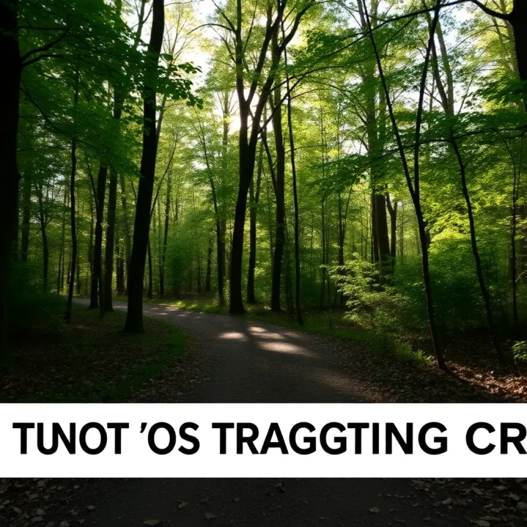 A serene view of a trail surrounded by trees