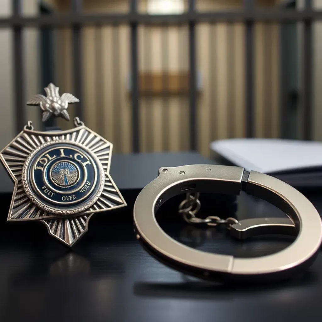 A police badge and handcuffs on a desk with a jail cell in the background