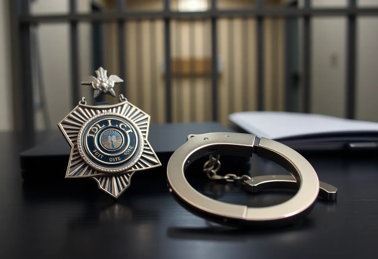 A police badge and handcuffs on a desk with a jail cell in the background