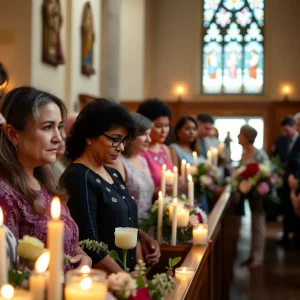 Candlelight memorial service honoring Pope Francis with community members.