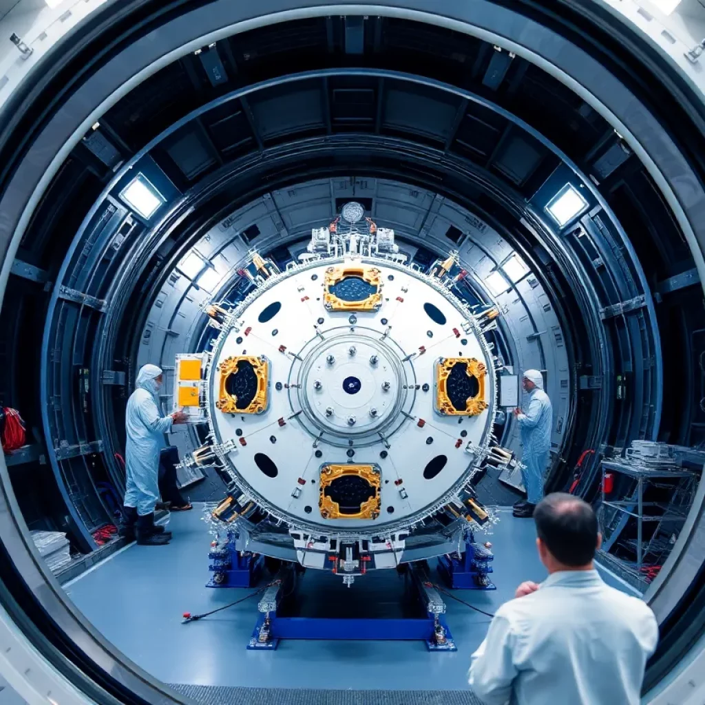 NASA IMAP spacecraft undergoing testing in thermal vacuum chamber.