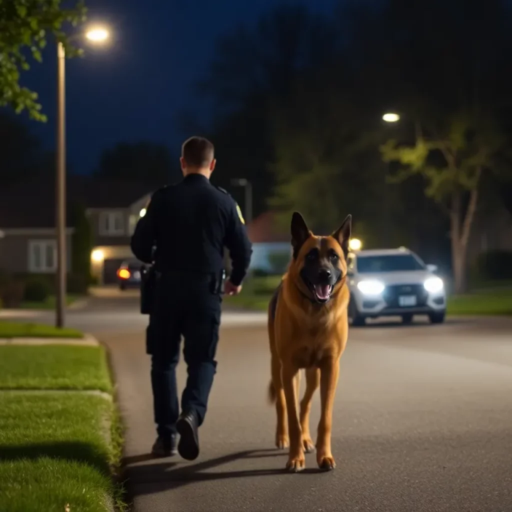 Police K9 unit searching residential area during a burglary investigation.