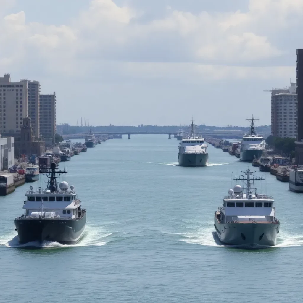 Illustration of the Panama Canal with military and trade elements