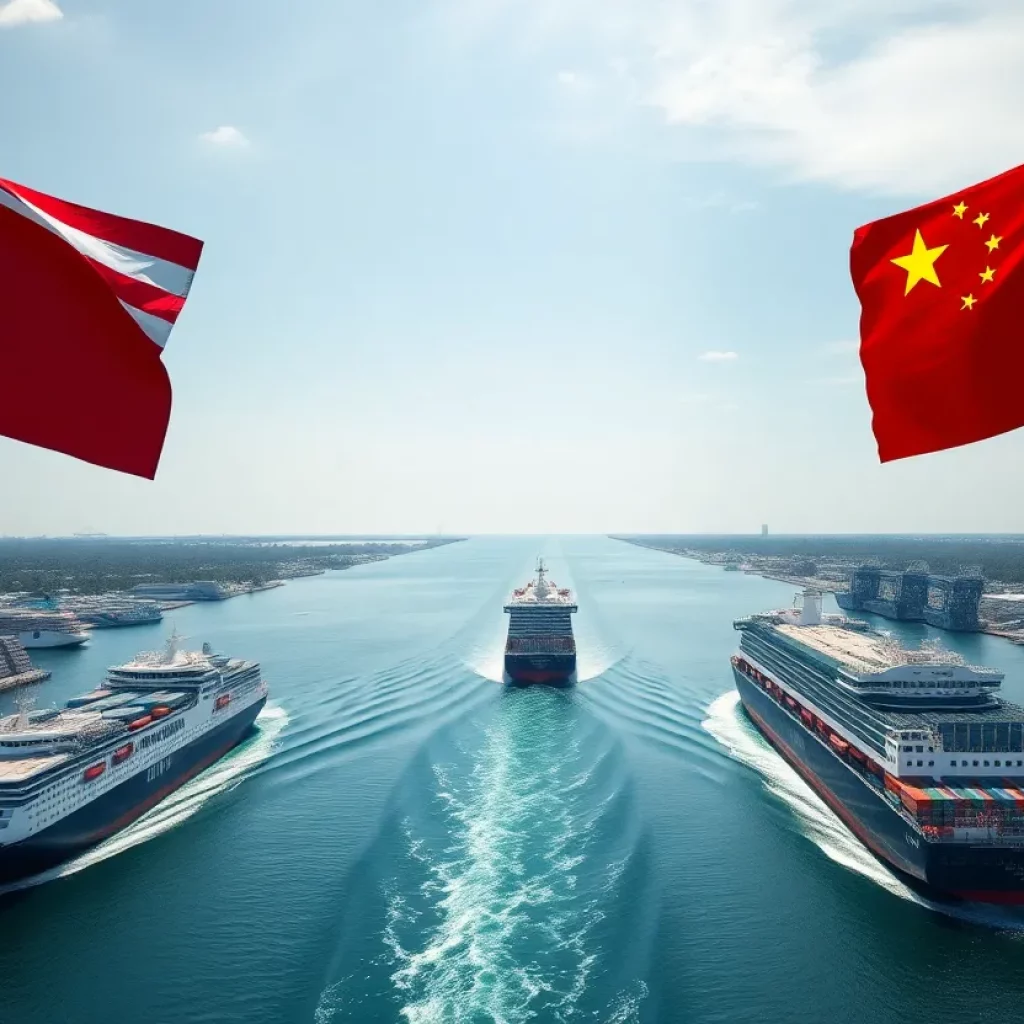 Panama Canal with ships and flags representing China and the United States.