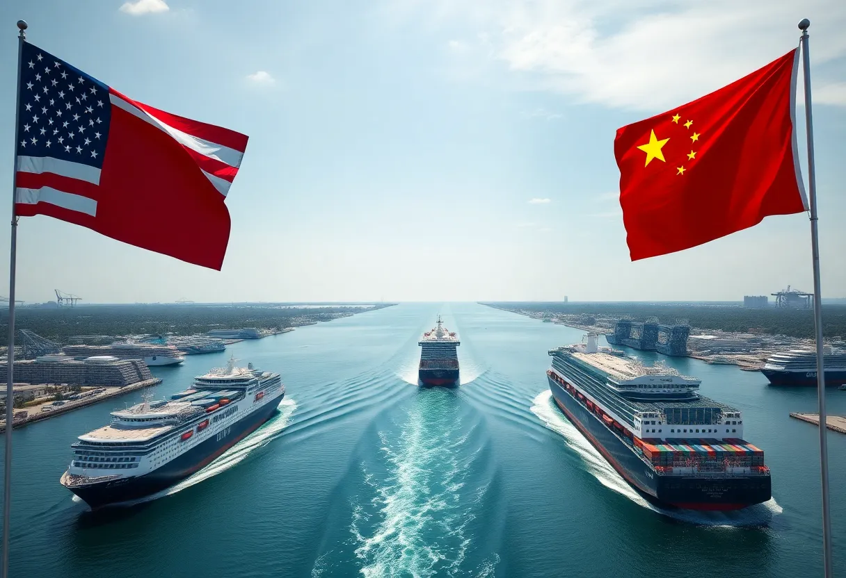 Panama Canal with ships and flags representing China and the United States.