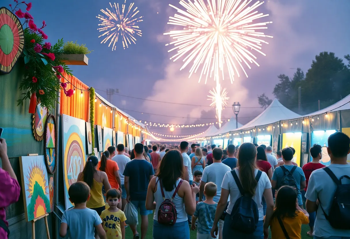 Families celebrating at the Panoply Arts Festival with fireworks in the sky.