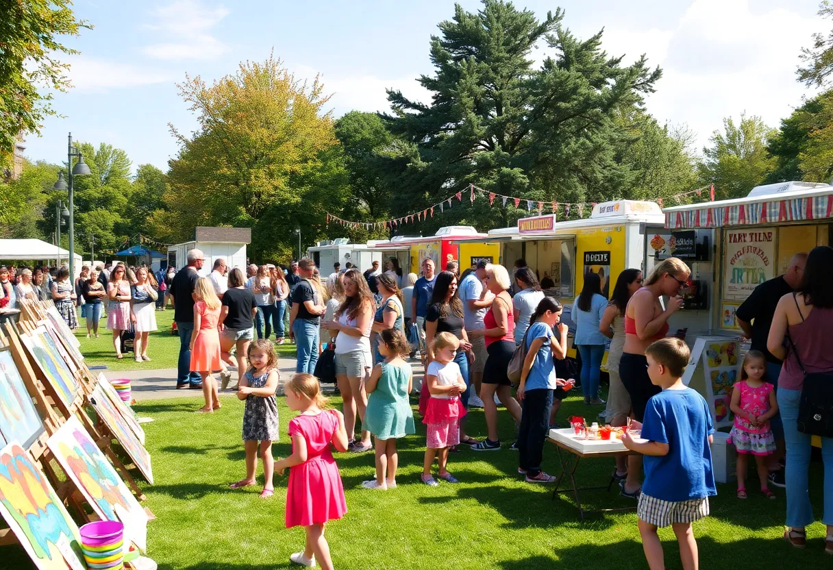 A lively scene at the Panoply Arts Festival with attendees enjoying music, art, and food in Big Spring Park.