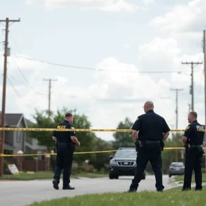 Police officers investigating a shooting incident in Huntsville neighborhood.