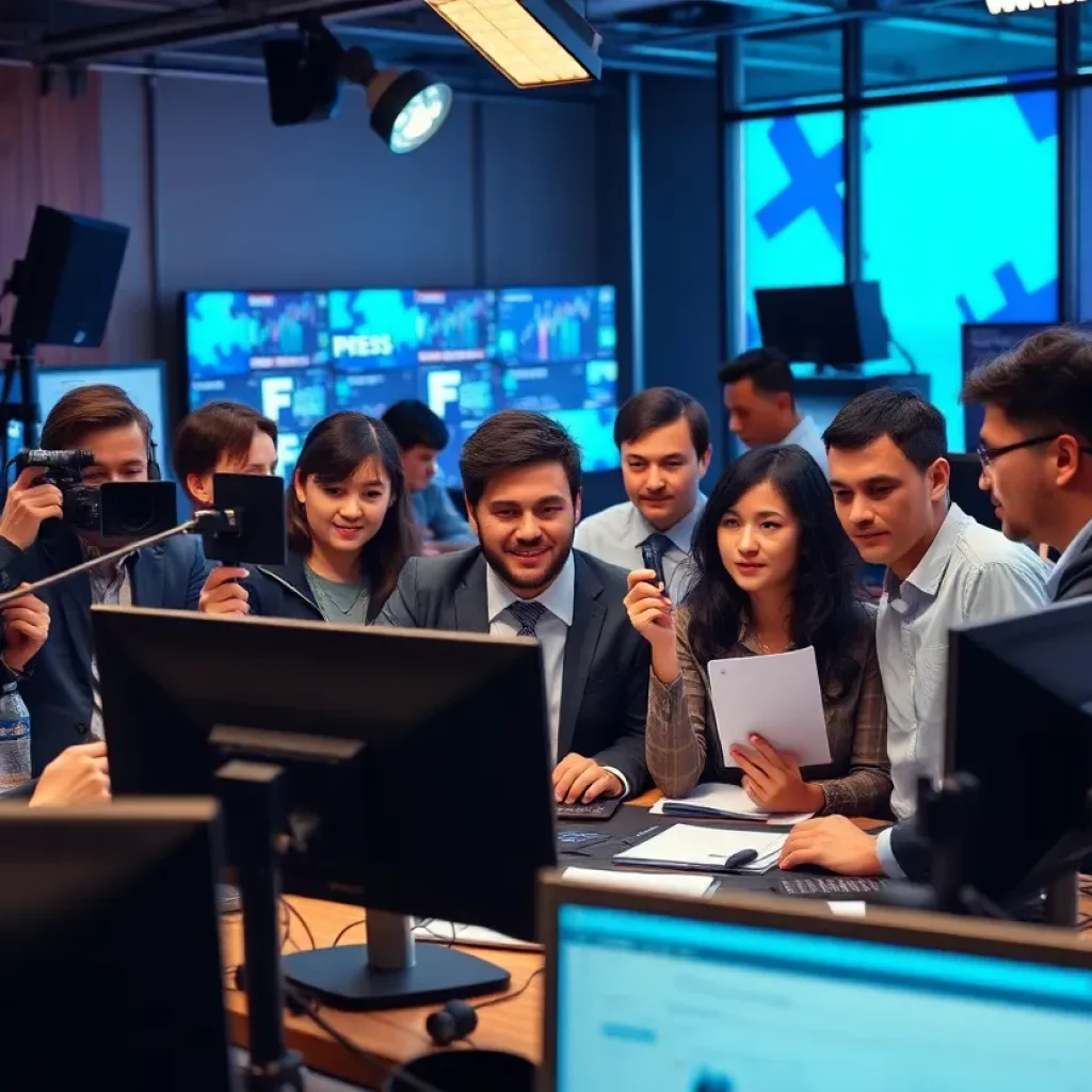 Journalists collaborating in a newsroom environment.