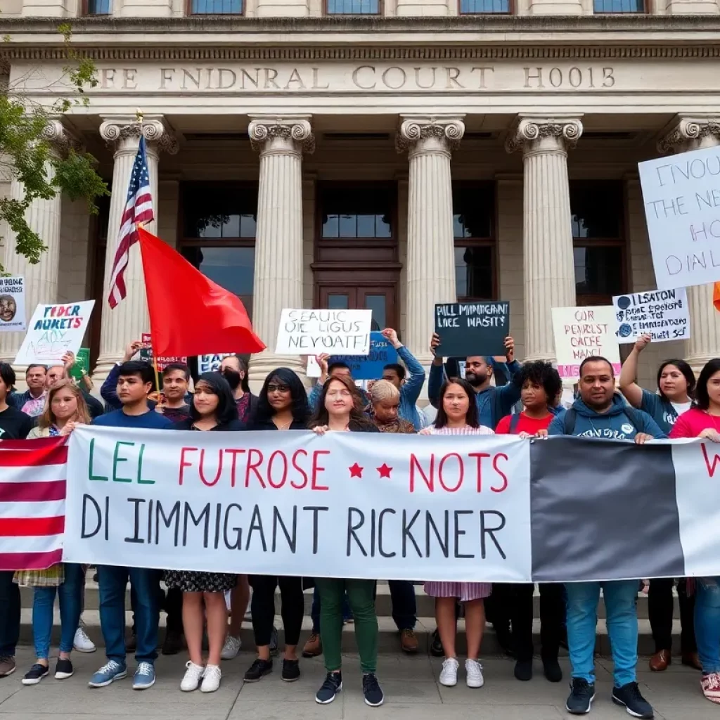 Demonstrators protesting outside a courthouse for immigrant rights.