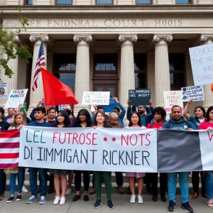 Demonstrators protesting outside a courthouse for immigrant rights.