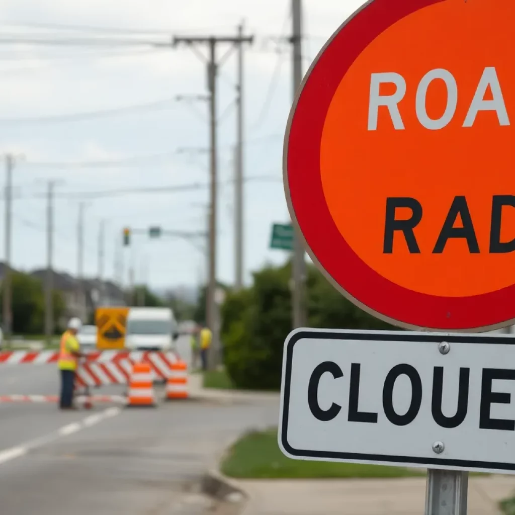 Road closure sign near construction site on Charity Lane