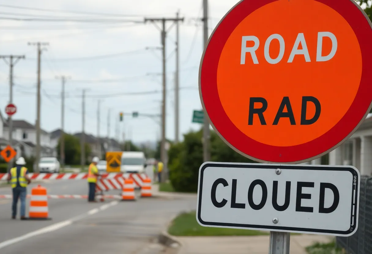 Road closure sign near construction site on Charity Lane